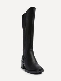 Boots|Linzi - Reason Block Heel High Leg Boots With Back Stretch Panel Zwart