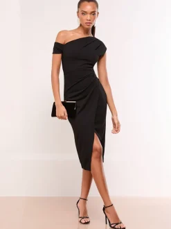 Gelegenheidskleding*Lipsy - - Midi-jurk met blote schouders en gerimpelde taille Zwart