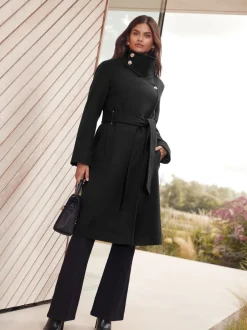 Jassen En Jacks|Lipsy - asymmetrische jas met trechterhals en riem Zwart
