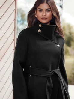 Jassen En Jacks|Lipsy - asymmetrische jas met trechterhals en riem Zwart