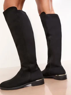 Ruimvallend En Extraruimvallend|Boots|Lipsy - Faux Suede Elasticated Flat Knee High Casual Boots Zwart