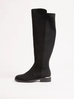 Ruimvallend En Extraruimvallend|Boots|Lipsy - Faux Suede Elasticated Flat Knee High Casual Boots Zwart