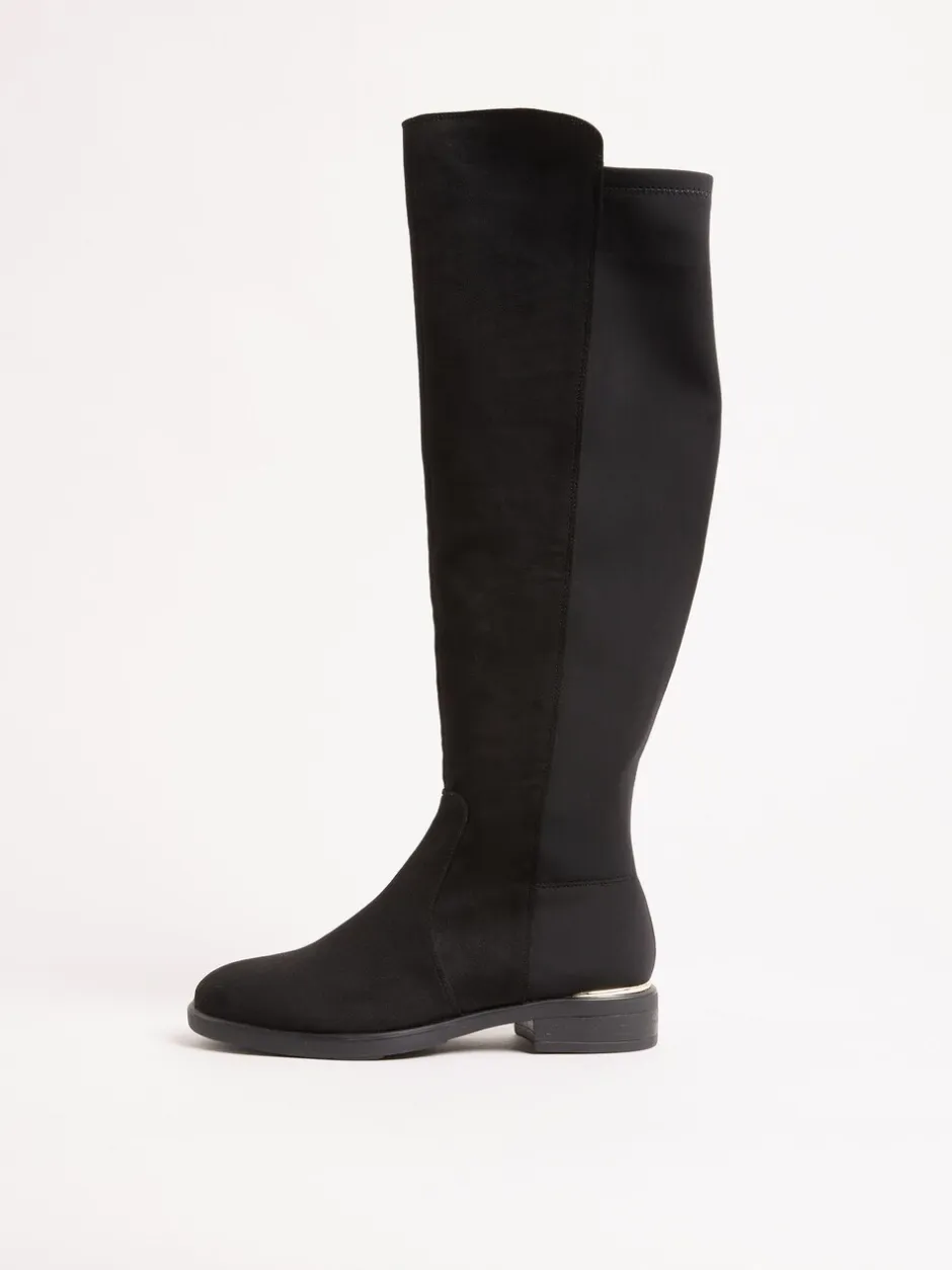 Ruimvallend En Extraruimvallend|Boots|Lipsy - Faux Suede Elasticated Flat Knee High Casual Boots Zwart