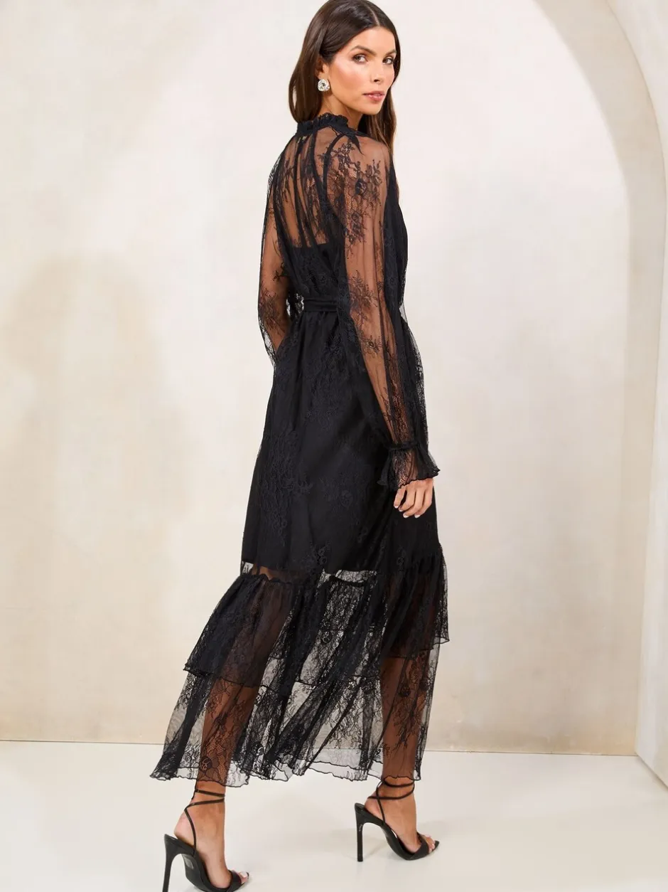 Gelegenheidskleding|Jurken|Lipsy - kanten midi-jurk met lange mouwen en ruches Zwart