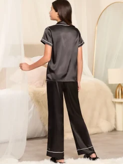 Nachtkleding En Pyjama's|Pyjama's*Lipsy Zwart - satijnen hemd en pyjamaset met lange pijpen (5-16jaar)