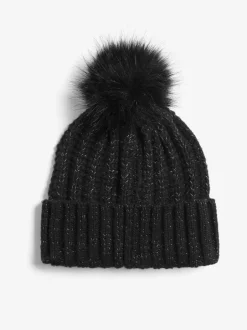 Mutsen, Handschoenen En Sjaals*Lipsy Zwart - Shimmer Ribbed Pom Hat