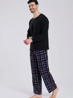 Pyjama's*Loungeable - Fleece Check Trousers Pyjama Set Zwart
