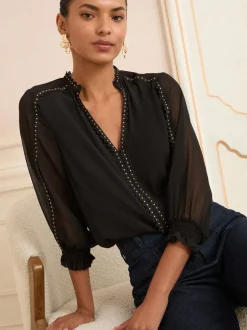 Blouses En Overhemden|Love & Roses - blouse met V-hals en hardware met 3/4 mouwen Zwart
