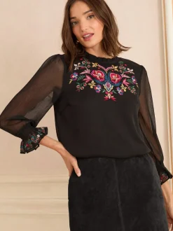 Blouses En Overhemden|Tops En T-Shirts*Love & Roses - blouse met versieringen en 3/4 uitlopende mouwen Zwart