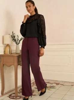 Blouses En Overhemden|Love & Roses - Crew Neck Lace Yoke Long Sleeve Blouse Zwart