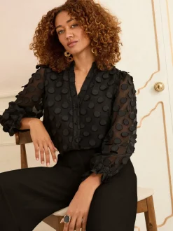Blouses En Overhemden|Tops En T-Shirts*Love & Roses - 3D blouse met lange mouwen en stippen Zwart