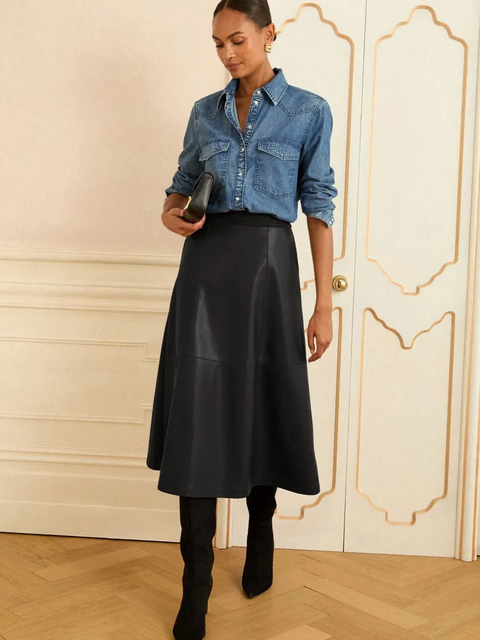 Rokken|Love & Roses - Fit en Flare imitatieleren midi-jurk Zwart
