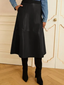 Rokken|Love & Roses - Fit en Flare imitatieleren midi-jurk Zwart