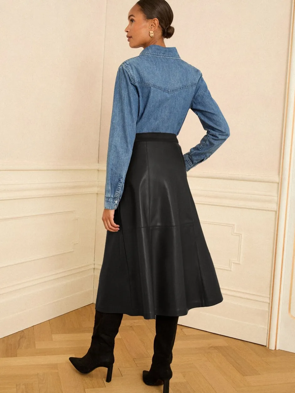 Rokken|Love & Roses - Fit en Flare imitatieleren midi-jurk Zwart