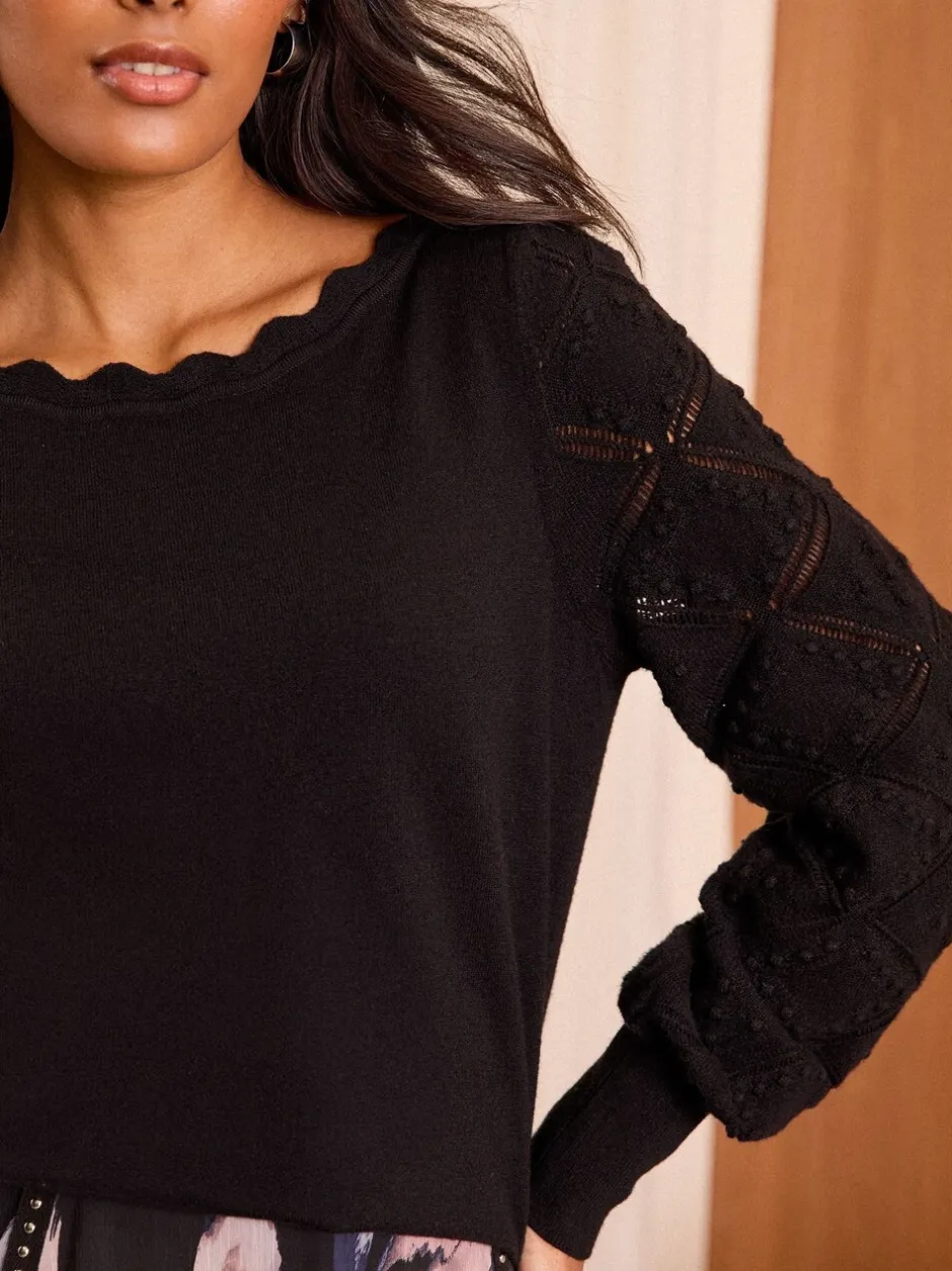 Gebreide Kleding|Love & Roses Zwart - gebreide trui met noppensteek en geschulpte rand