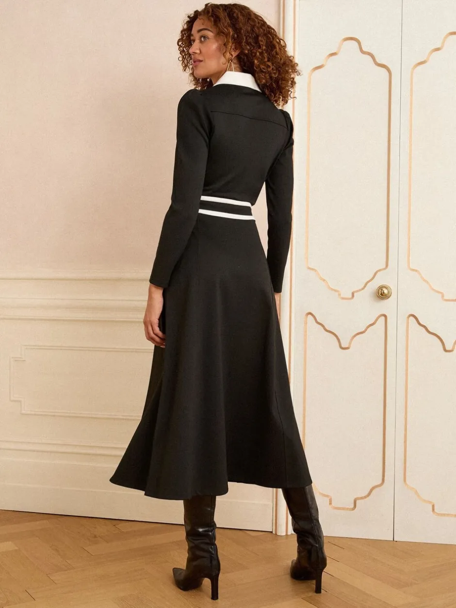 Jurken|Love & Roses - Ponte midi-jurk met contrastrand en rits aan de voorkant en lange mouwen Zwart