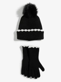 Mutsen, Handschoenen En Sjaals*Love & Roses - Scallop Trim Ribbed Pom Hat and Gloves Set Zwart