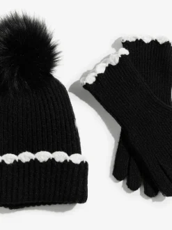 Mutsen, Handschoenen En Sjaals*Love & Roses - Scallop Trim Ribbed Pom Hat and Gloves Set Zwart