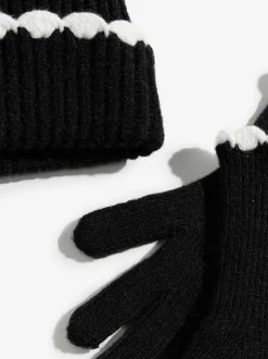 Mutsen, Handschoenen En Sjaals*Love & Roses - Scallop Trim Ribbed Pom Hat and Gloves Set Zwart