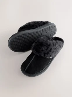 Pantoffels|Next Zwart - Met imitatiebont gevoerde suède pantoffelmuiltjes