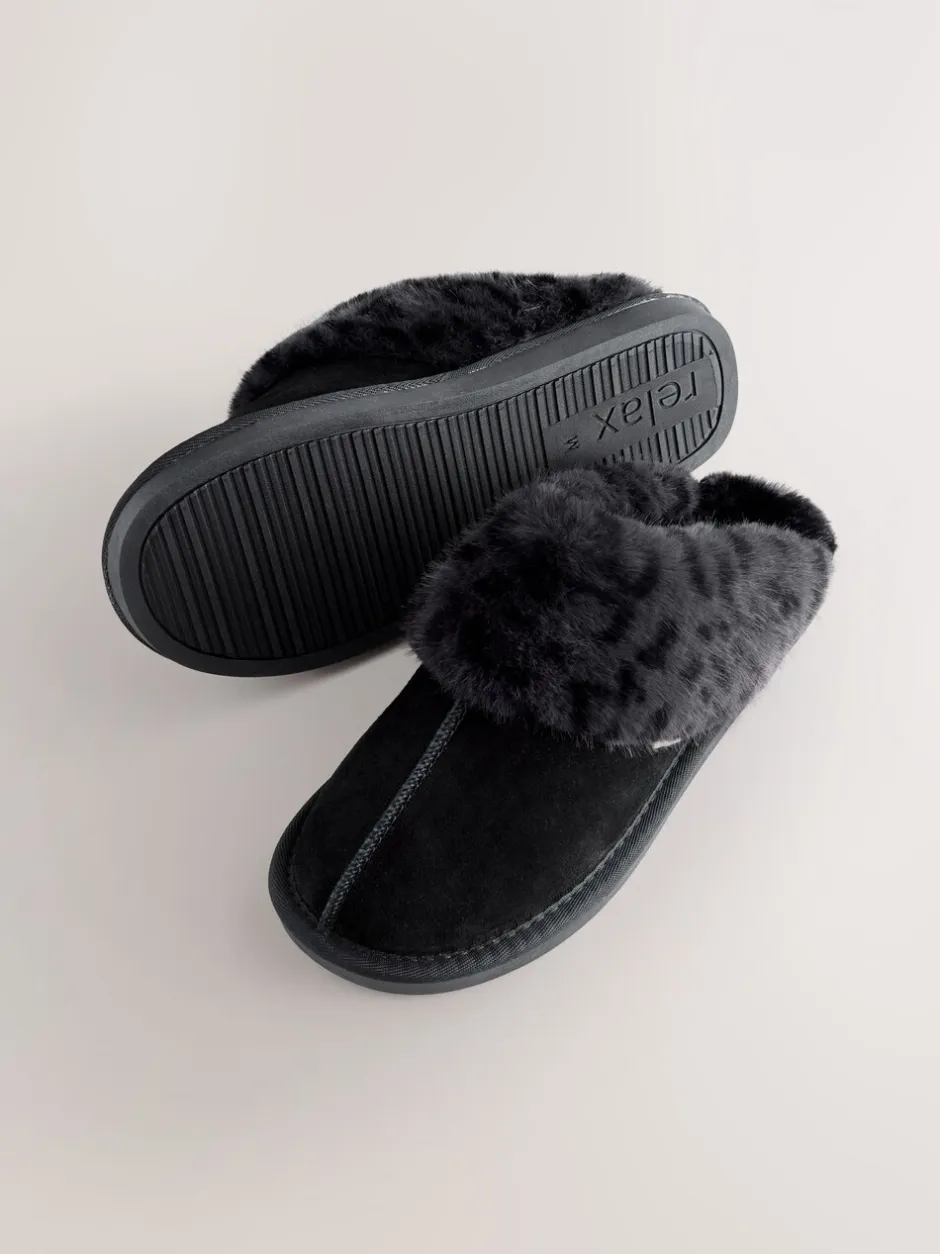 Pantoffels|Next Zwart - Met imitatiebont gevoerde suède pantoffelmuiltjes