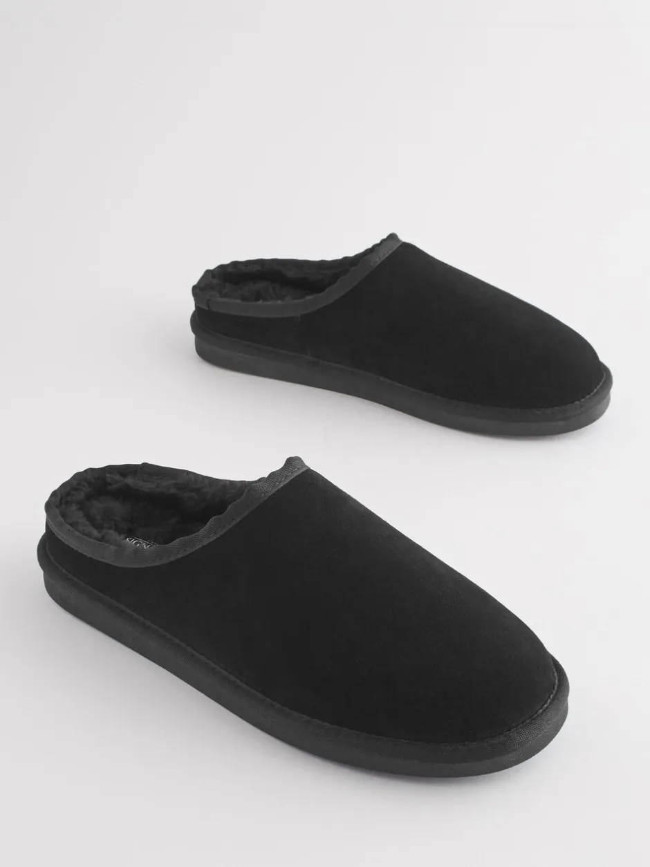Pantoffels|Loungewear|Next - Met imitatiebont gevoerde Signature suède pantoffelmuiltjes Zwart