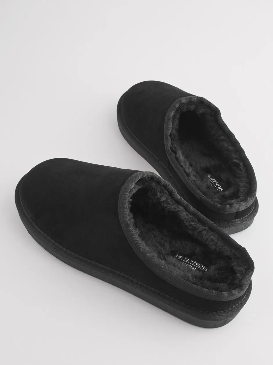 Pantoffels|Loungewear|Next - Met imitatiebont gevoerde Signature suède pantoffelmuiltjes Zwart