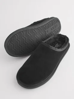 Pantoffels|Loungewear|Next - Met imitatiebont gevoerde Signature suède pantoffelmuiltjes Zwart