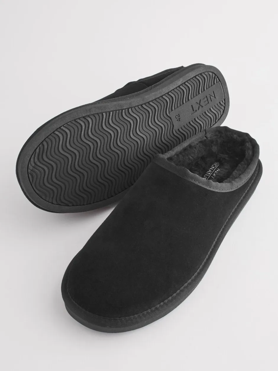 Pantoffels|Loungewear|Next - Met imitatiebont gevoerde Signature suède pantoffelmuiltjes Zwart