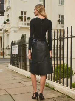 Gebreide Kleding|Jurken|Next - Midi-jurk met imitatieleren mix en riem Zwart