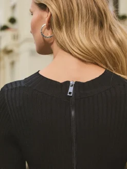 Gebreide Kleding|Jurken|Next - Midi-jurk met imitatieleren mix en riem Zwart