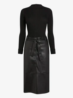 Gebreide Kleding|Jurken|Next - Midi-jurk met imitatieleren mix en riem Zwart