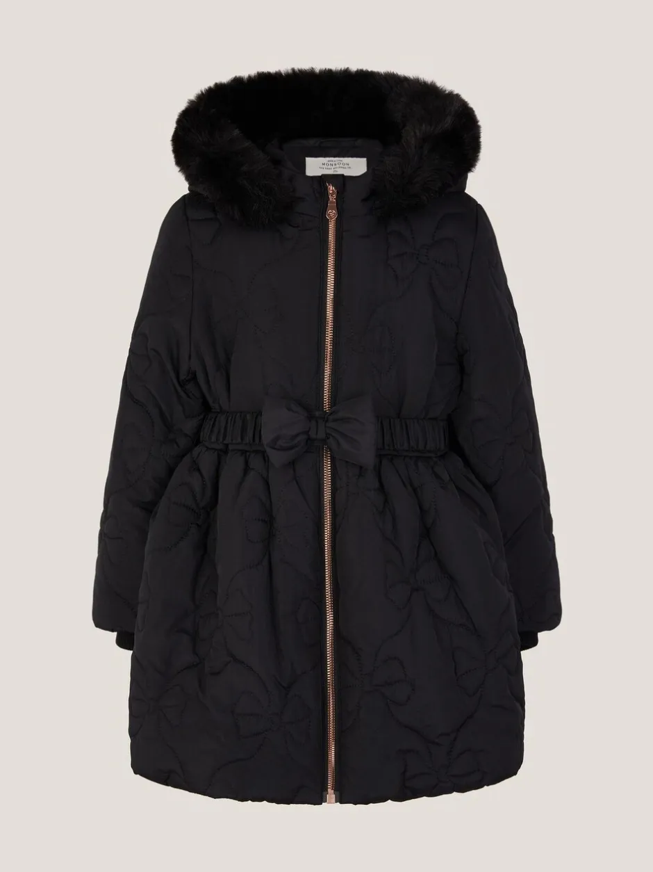 Jassen En Jacks|Monsoon - Faux Fur Hooded Bow Quilted Coat Zwart