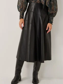 Rokken|Monsoon - Marnie Faux Leather Midi Skirt Zwart