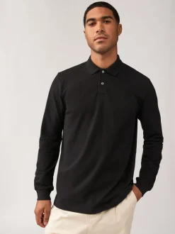Poloshirts|T-Shirts En Hemden|Next Zwart - Normale Pasvorm - Piqué polo met lange mouwen