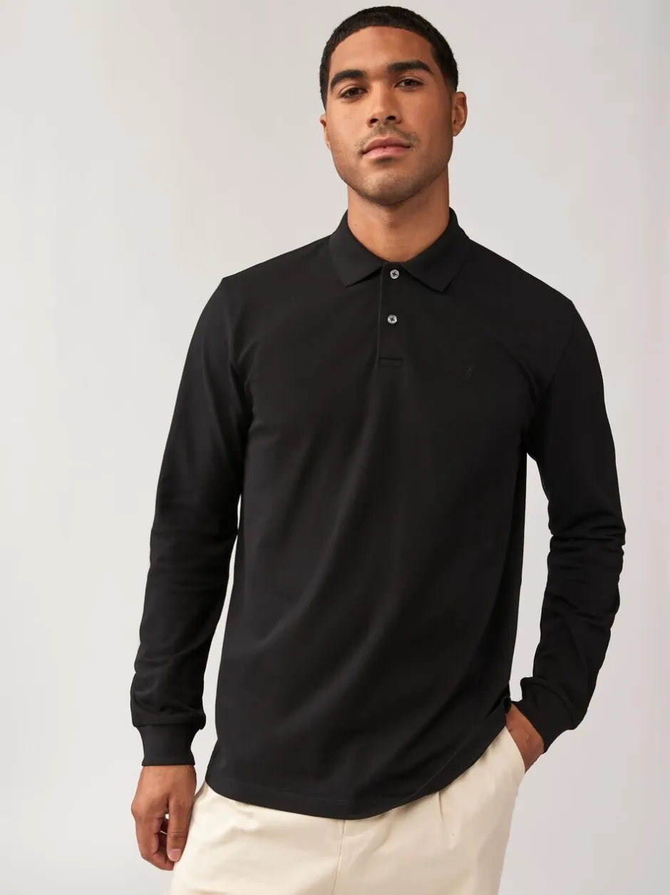 Poloshirts|T-Shirts En Hemden|Next Zwart - Normale Pasvorm - Piqué polo met lange mouwen