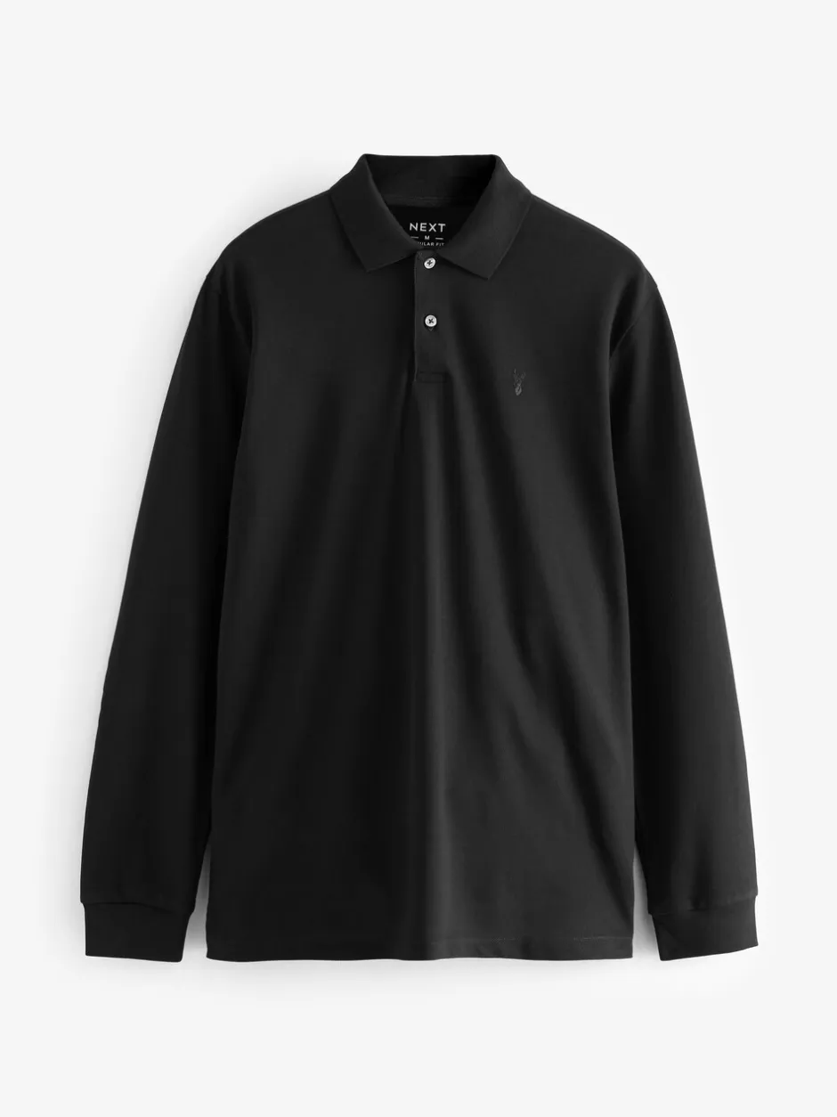 Poloshirts|T-Shirts En Hemden|Next Zwart - Normale Pasvorm - Piqué polo met lange mouwen