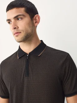 Poloshirts*Next - Pattern Quarter Zip Polo Shirt Zwart