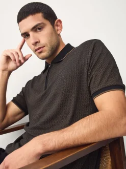 Poloshirts*Next - Pattern Quarter Zip Polo Shirt Zwart