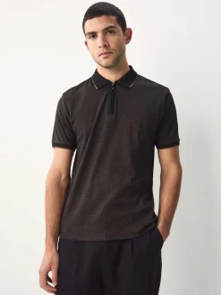 Poloshirts*Next - Pattern Quarter Zip Polo Shirt Zwart