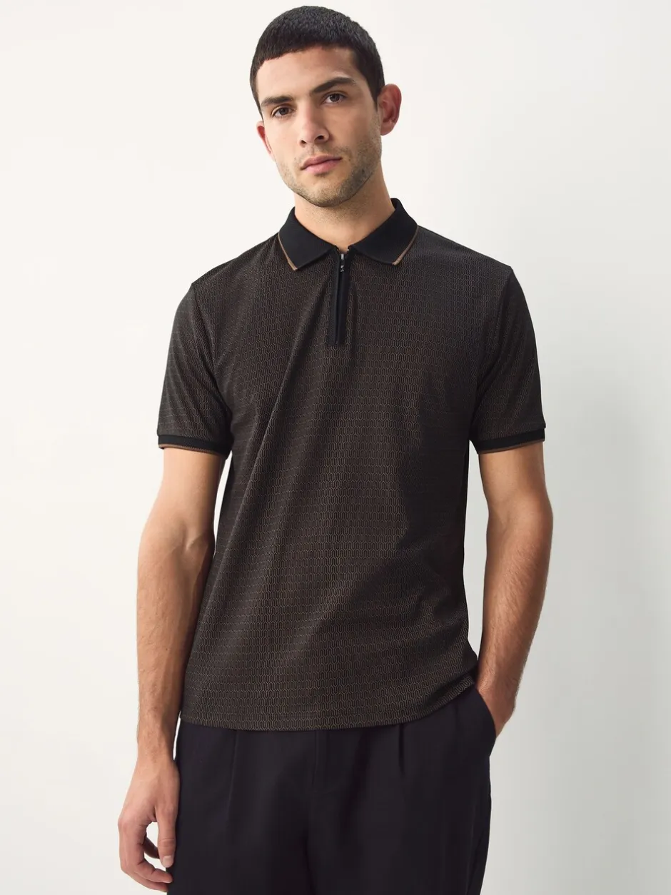Poloshirts*Next - Pattern Quarter Zip Polo Shirt Zwart