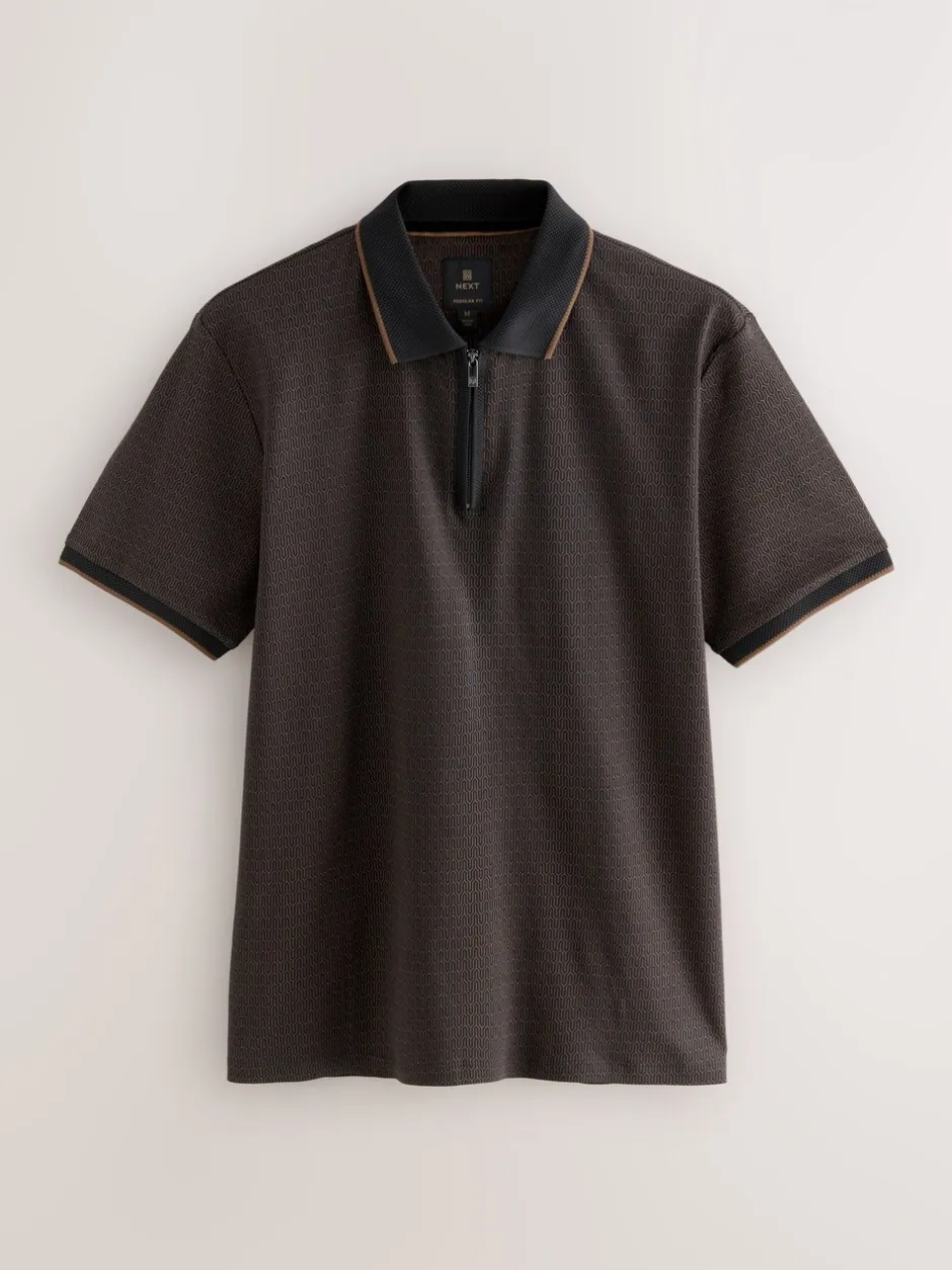 Poloshirts*Next - Pattern Quarter Zip Polo Shirt Zwart
