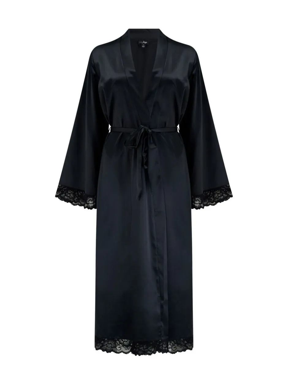 Badjassen*Pour Moi - Dusk Satin Kimono Sleeve Midi Gown Zwart