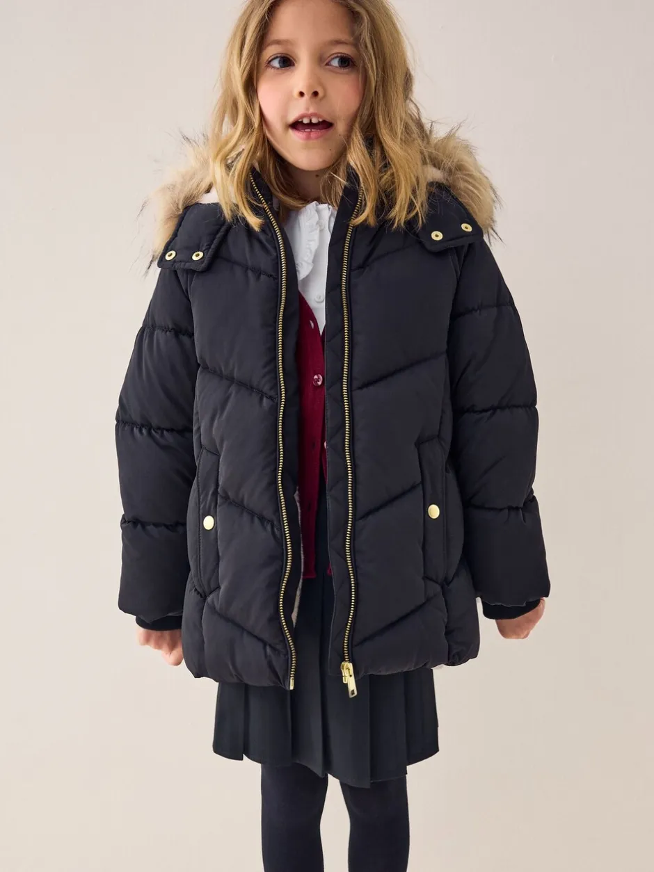 Schoolkleding|Jassen En Jacks|Next Zwart - Regenbestendige gewatteerde jas met imitatiebontrand (3 - 16 jr)