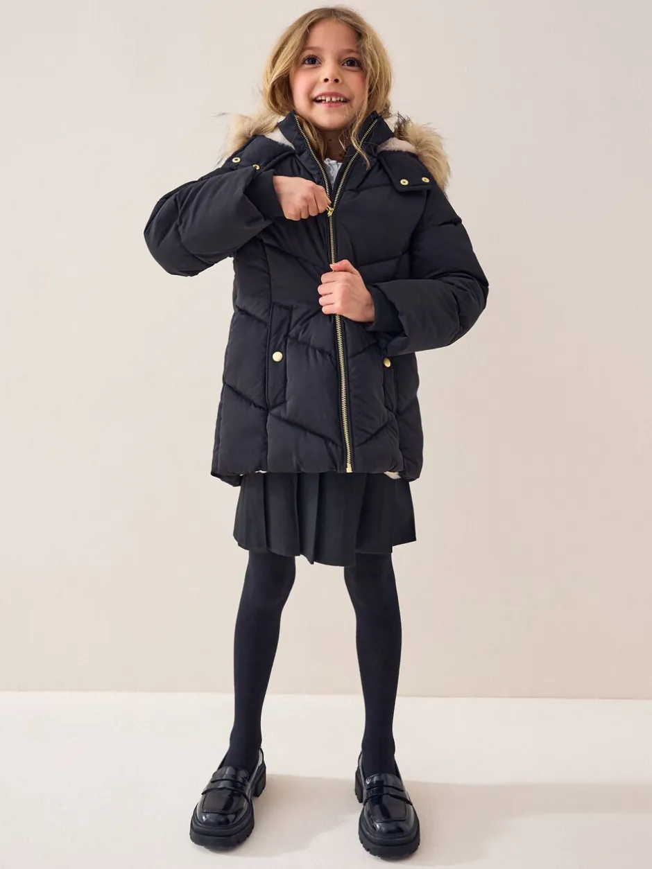 Schoolkleding|Jassen En Jacks|Next Zwart - Regenbestendige gewatteerde jas met imitatiebontrand (3 - 16 jr)