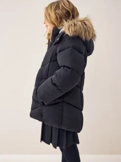 Schoolkleding|Jassen En Jacks|Next Zwart - Regenbestendige gewatteerde jas met imitatiebontrand (3 - 16 jr)