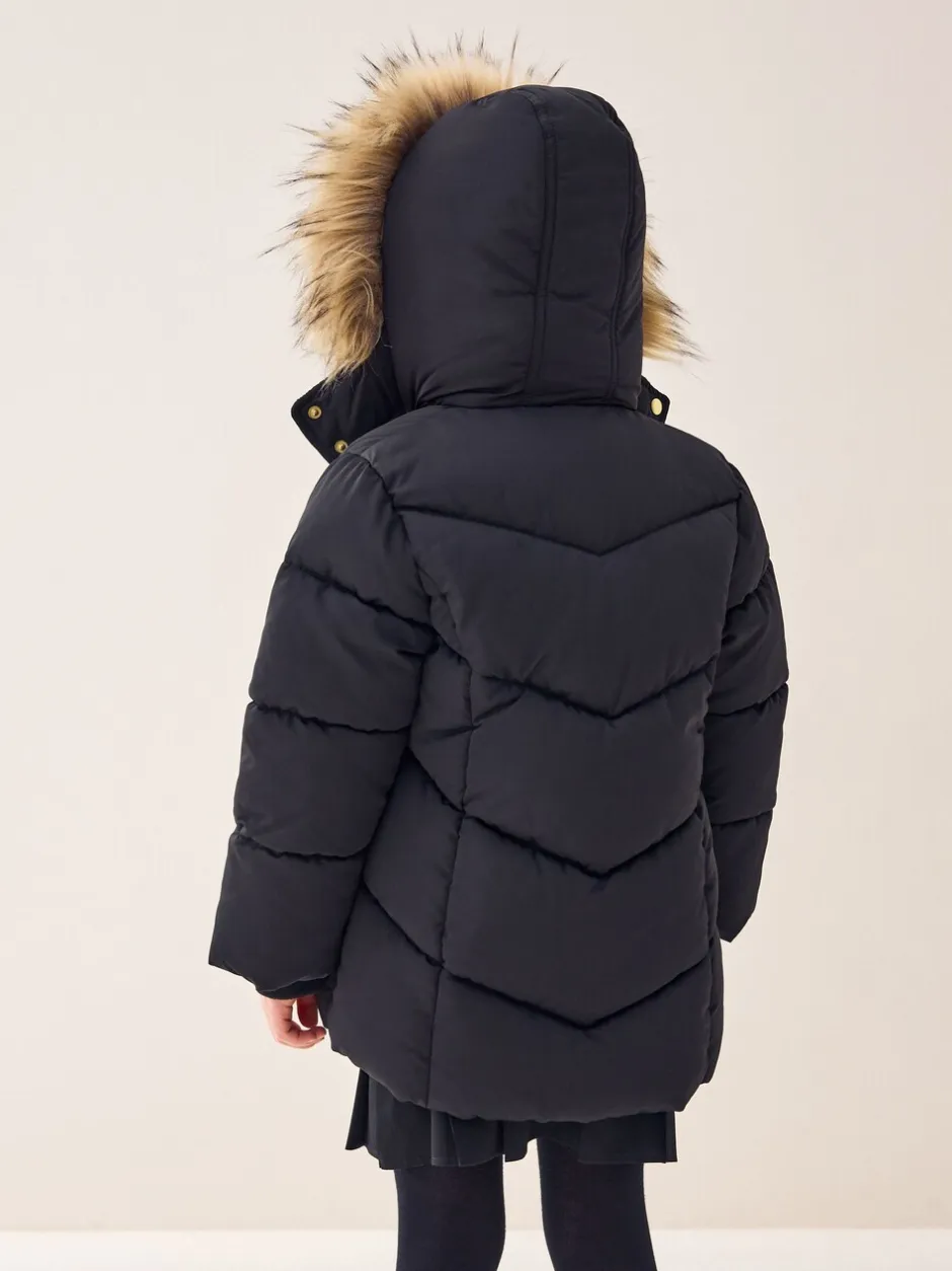 Schoolkleding|Jassen En Jacks|Next Zwart - Regenbestendige gewatteerde jas met imitatiebontrand (3 - 16 jr)