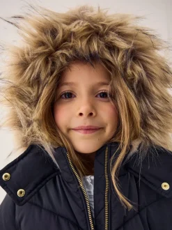 Schoolkleding|Jassen En Jacks|Next Zwart - Regenbestendige gewatteerde jas met imitatiebontrand (3 - 16 jr)