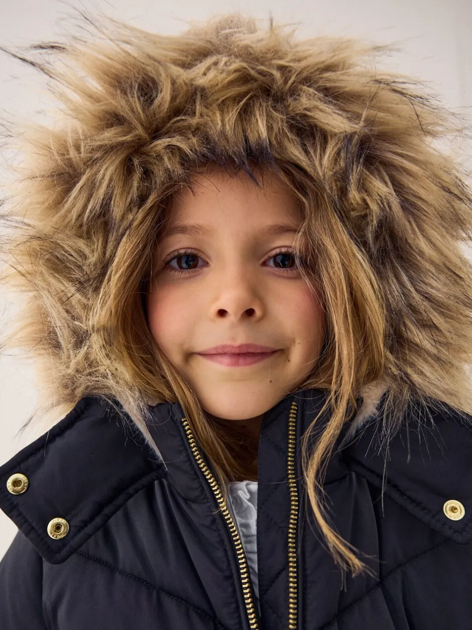 Schoolkleding|Jassen En Jacks|Next Zwart - Regenbestendige gewatteerde jas met imitatiebontrand (3 - 16 jr)