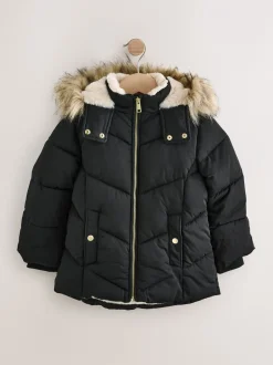 Schoolkleding|Jassen En Jacks|Next Zwart - Regenbestendige gewatteerde jas met imitatiebontrand (3 - 16 jr)